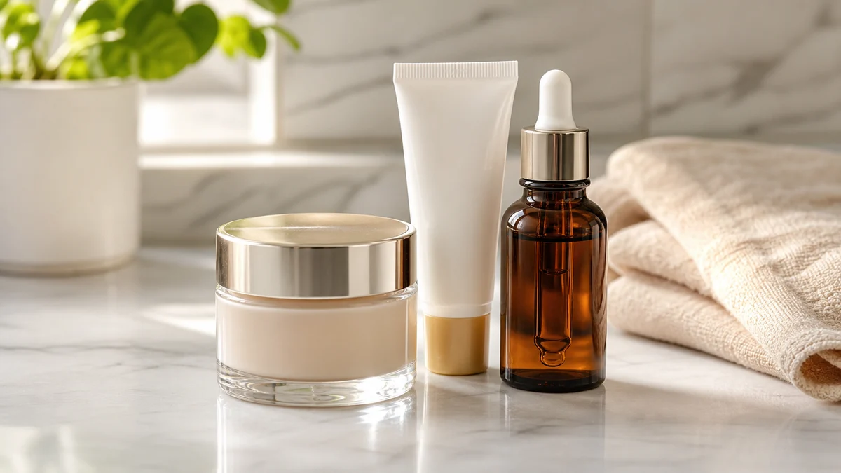 Dark spot cream and sunscreen arranged for skincare label comparison