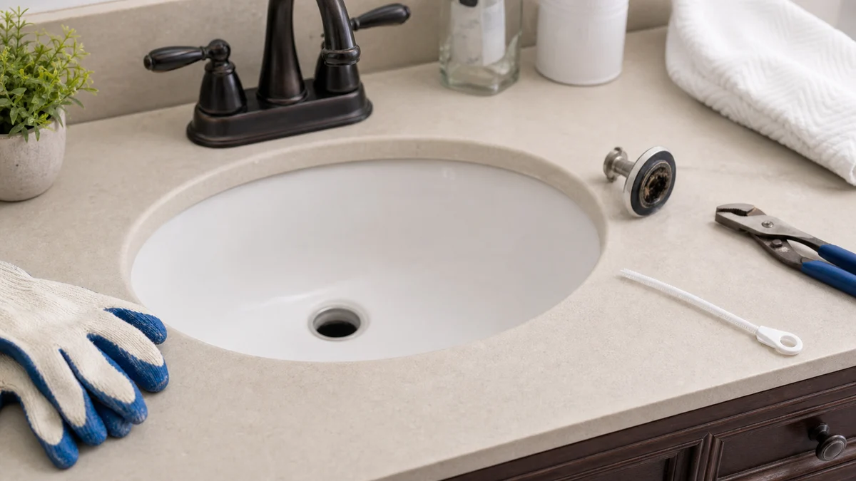 Bathroom sink drain cleaning setup with sink and drain tools