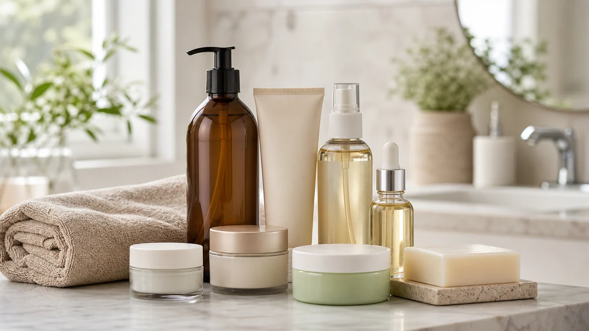 Skincare and hair care products arranged for personal care comparison