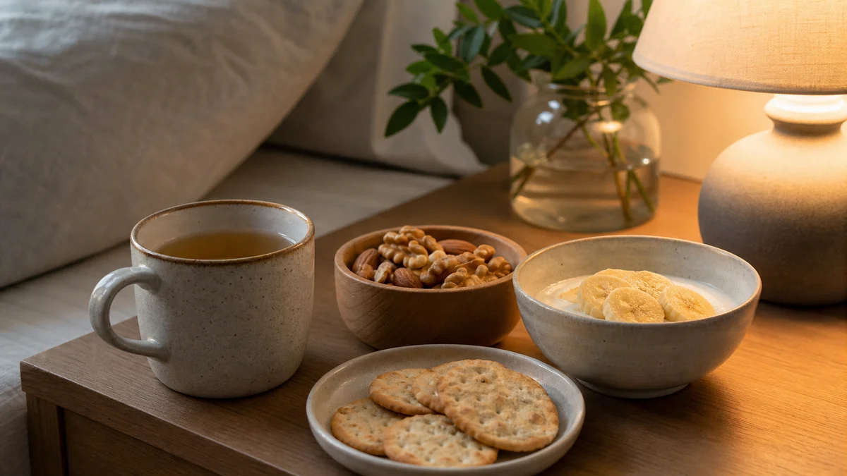 Healthy evening snacks with tea, fruit, and nuts on a bedside table