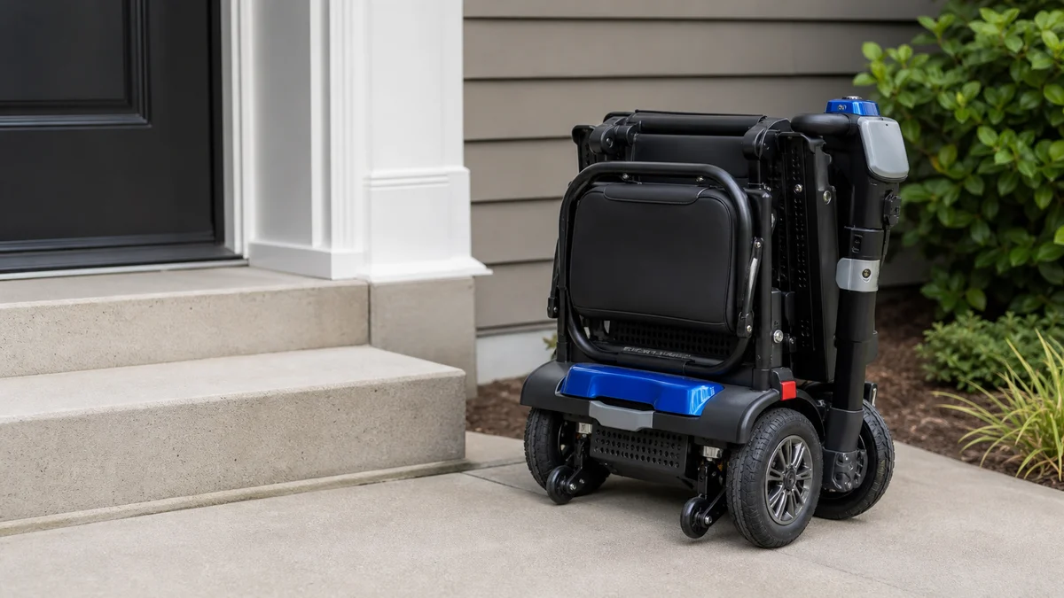 Compact mobility scooter in an accessible indoor setting