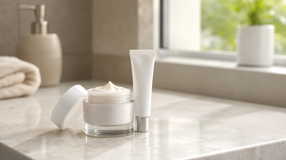 Under eye skincare cream and eye care product on a bathroom counter