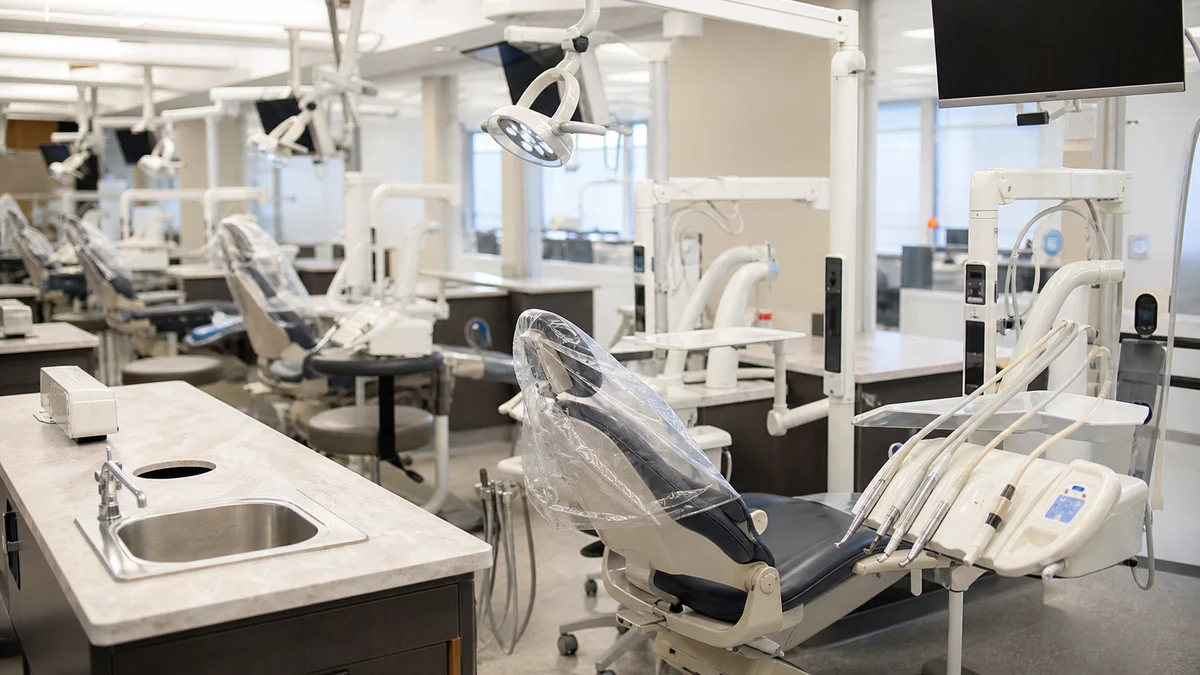 Dental clinic room arranged for supervised dental school clinic context