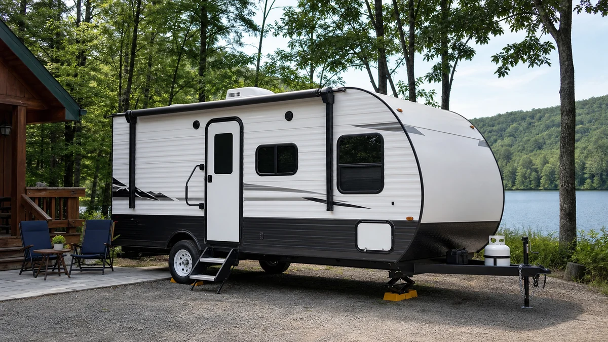 Lightweight travel trailer parked outdoors for comparison