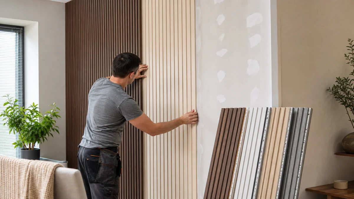 Plastic wall cladding panels arranged for material comparison