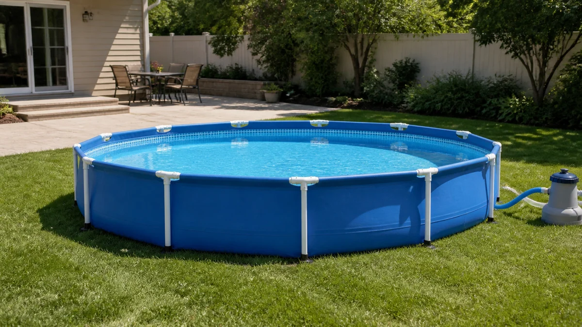 Portable swimming pool set up in a backyard