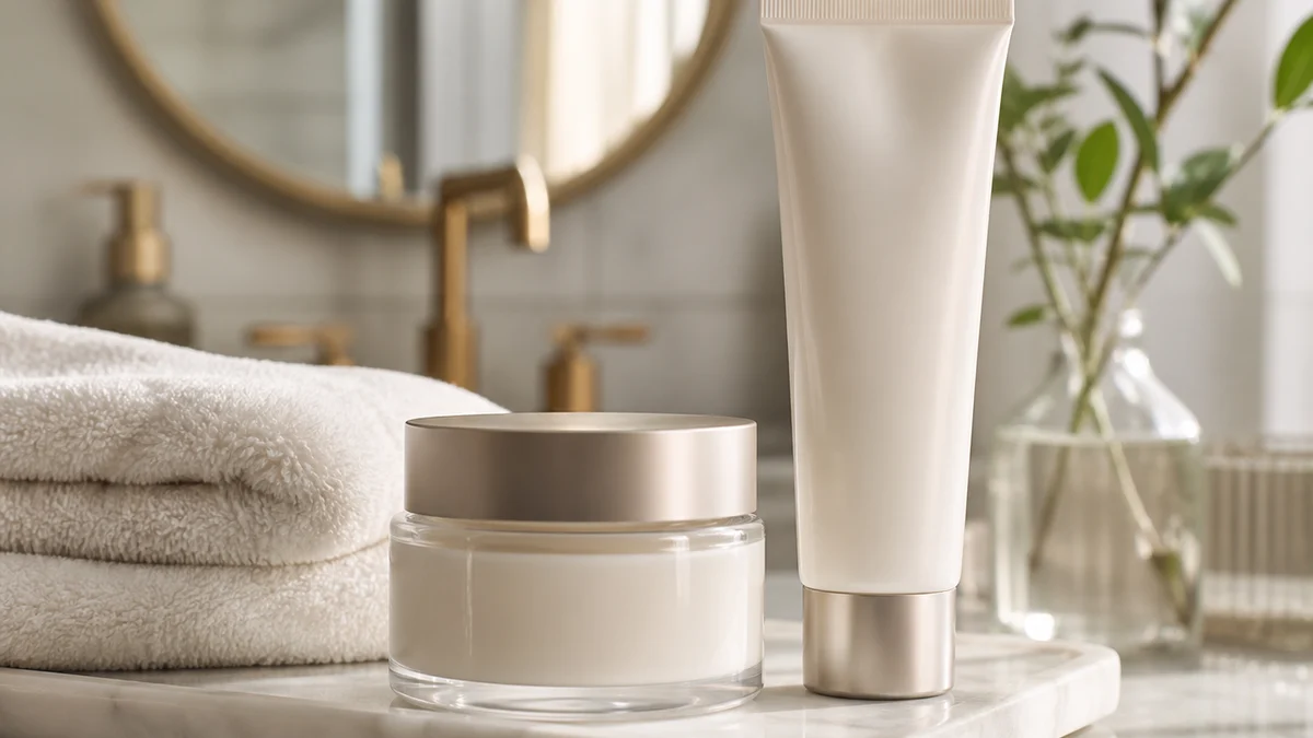 Skin firming cream jar in a skincare routine setting