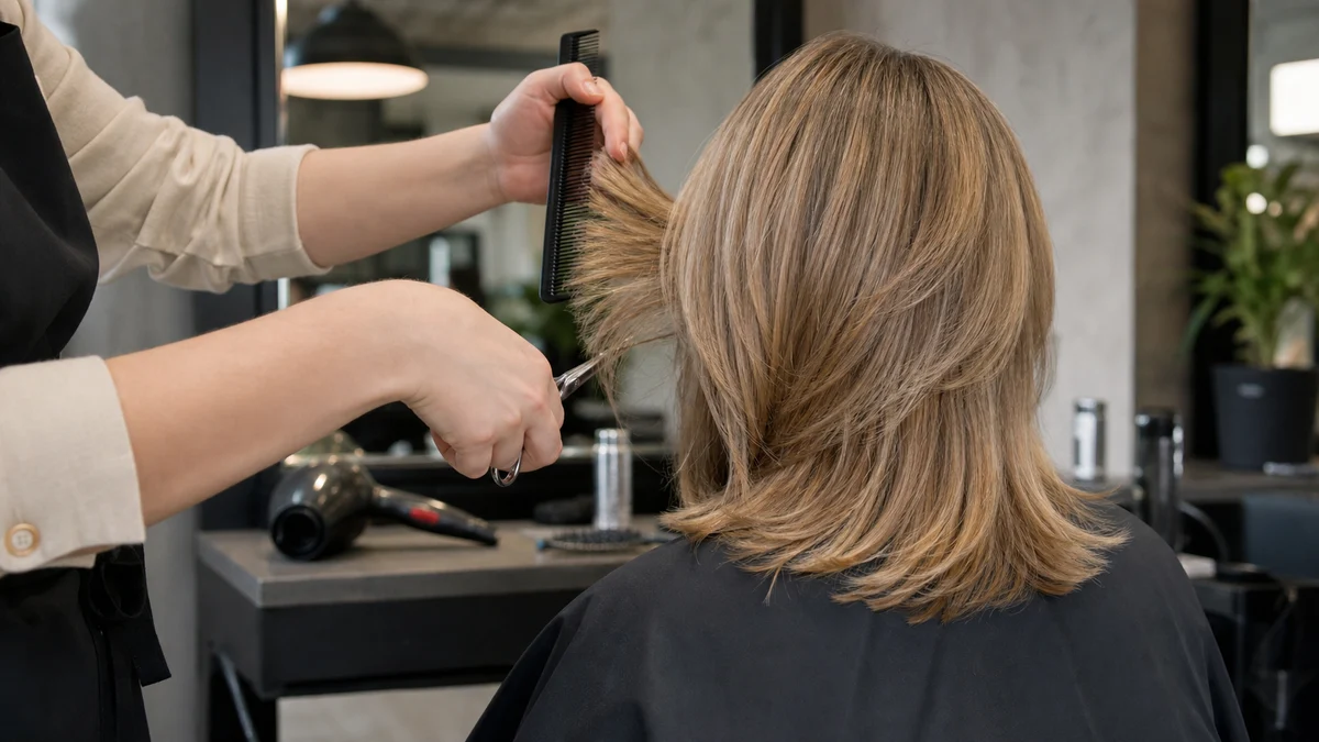 Hair salon chair and styling tools for thin hair haircut planning