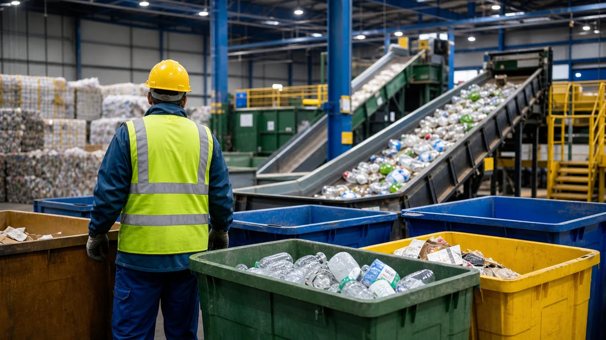Recycling facility work area for waste recycling job comparison